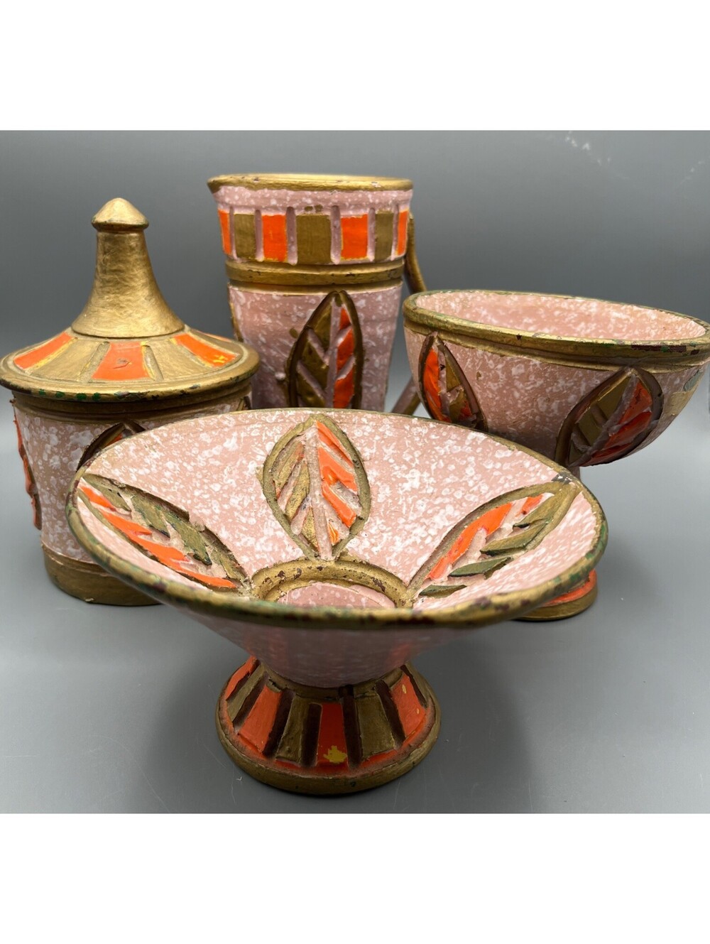 Vintage Italian Sgraffito Pottery 5 Pc Set Fratelli Fanciullacci Montelupo MCM